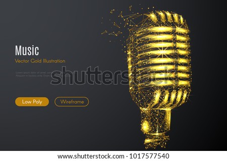 Low poly illustration of the Vintage microphone with a golden dust effect. Sparkle stardust. Glittering vector with gold particles on dark background. Polygonal wireframe from dots and lines.