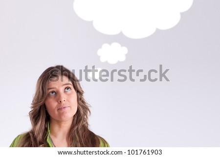 Thinking woman with thought bubble with copy space