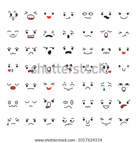 Set of cartoon kawaii faces, different emotions. Vector illustration. Royalty-Free Stock Photo #1017624154