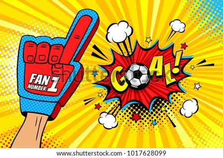 Male hand in the glove of a sports fan raised up celebrating win and Goal speech bubble with stars and clouds. Vector colorful illustration in retro comic style. Sport game invitation poster. Royalty-Free Stock Photo #1017628099