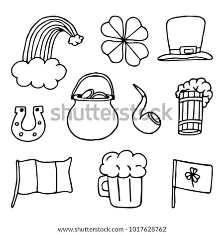 Set the St. Patrick's day vector illustration. Beer, clover leaf, rainbow, horseshoe, gold pot, Irish flag, smoking pipe, hat. 