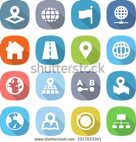 flat vector icon set - pointer vector, globe, flag, connect, home, road, geo pin, map, route a to b, earth, orbit, hierarchy