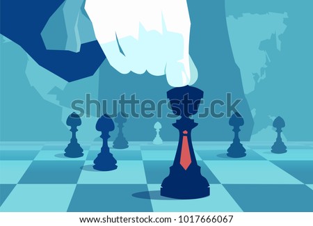 Vector concept illustration of crop hand moving chess piece on board of world politics.  Royalty-Free Stock Photo #1017666067
