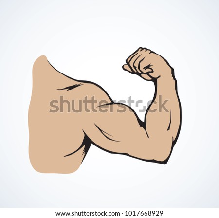 Male fight victory raise tough lean force palm sign on white background. Line black color ink drawn retro forearm wrist part logo emblem concept sketch in vintage art doodle style with space for text