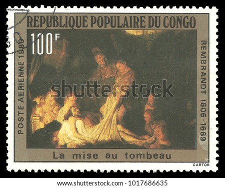 Congo - circa 1980: Stamp printed by Congo, Color edition on Art, shows Painting The Burial by Rembrandt, circa 1980