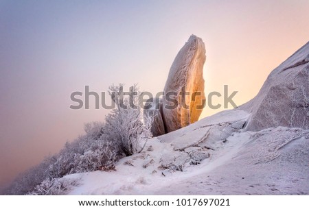 Bukhansan mountain in Winter landscape On a snow covered hill at Bukhansan National Park in Seoul, South Korea