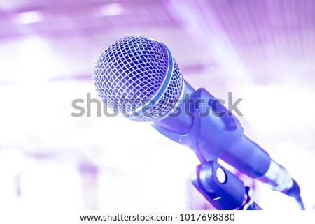 Microphone for sound, music, karaoke in audio studio or stage. Mic technology. Voice, concert entertainment background. Speech broadcast equipment. Live pop, rock musical performance. 