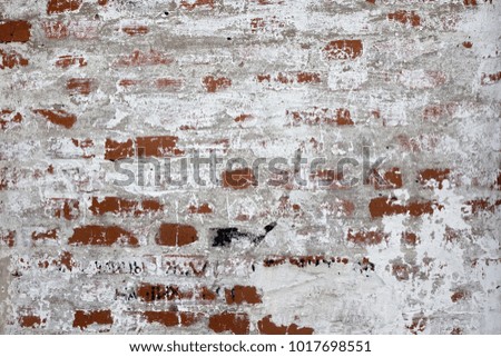 Red White Wall Background. Old Grungy Brick Wall With White Uneven Stucco. Horizontal Texture. Vintage Wall With Peeled Plaster. Retro Grunge Wall.