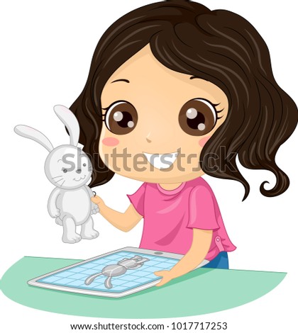 Illustration of a Kid Girl Holding a 3D Printed Rabbit Toy and a Computer Tablet Displaying the 3D Pattern for Printing