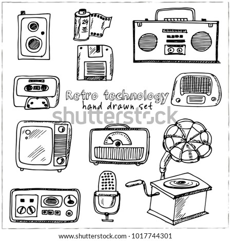 Retro technology Hand drawn doodle set. Vector illustration. Isolated elements on white background. Symbol collection.