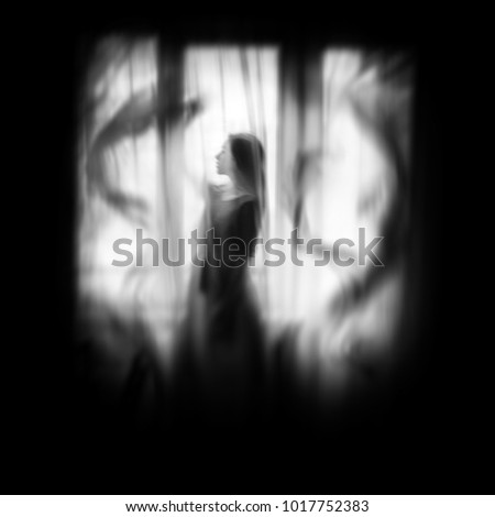 Ghost in the hous, ghost in room, mystical and fantasy style, blur picture, scary and mysterious, night in city, midnight nightmare, fantasy story, woman in black dress, 