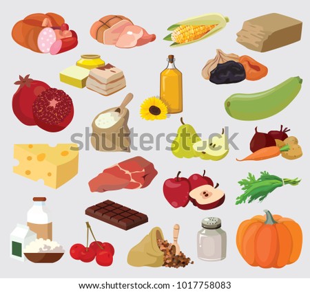 Food. Fruits, vegetables, fats, meat, cereals, dairy products. For your convenience, each significant element is in a separate layer. Eps 10
