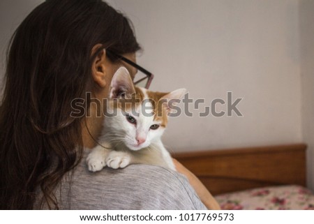Pet cat Kitten , white with ginger color on the shoulder of the girl .