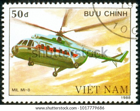 Illustrative editorial. Ukraine - circa 2018: A postage stamp printed in Vietnam show Soviet helicopter Mil Mi -8. Circa 1988.