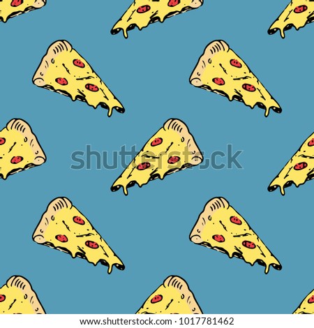 Pizza seamless pattern hand drawn sketch. Whole pizza and slice doodles Food background. Vector illustration.