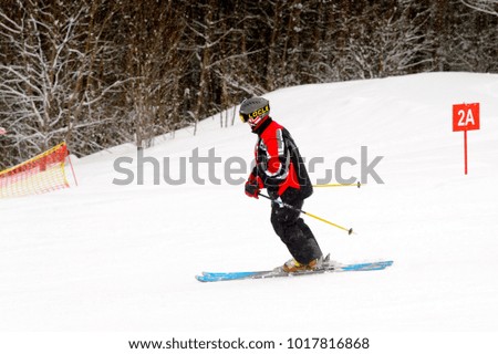 BUKOVEL, UKRAINE - FEB 4, 2018: Unidentified tourist does skiing downhill in front of the trees in Bukovel, the largest ski resort in Eastern Europe