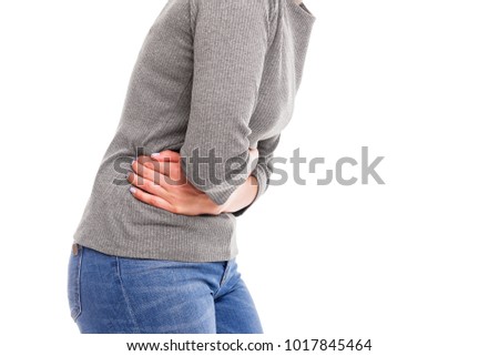 Pain in the abdomen. Female silhouette on white background.