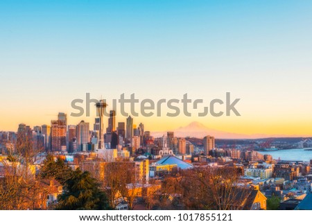 beautiful Seattle city skyline on the sunset,Washington,usa.