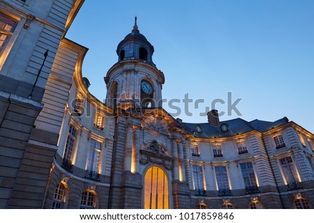 Rennes City Hall at dusk. The square city hall of Rennes, Brittany-France, on the old town square. Royalty-Free Stock Photo #1017859846