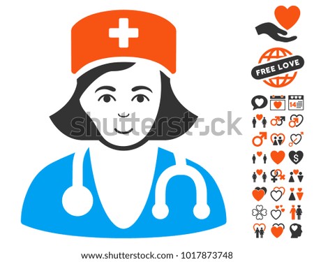 Physician Lady icon with bonus decorative clip art. Vector illustration style is flat iconic symbols.