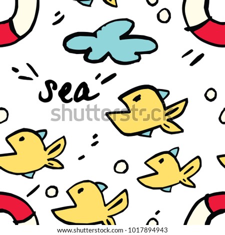 Vector seamless pattern hand-drawn. Seamless cartoon background with yellow fish, cloud and life buoy. 