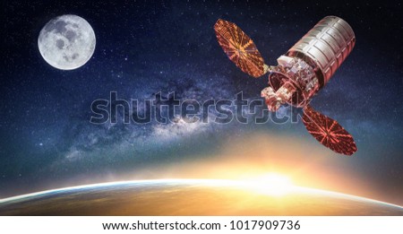 Landscape with Milky way galaxy. Sunrise, satellite and Earth view from space with Milky way galaxy. (Elements of this image furnished by NASA)