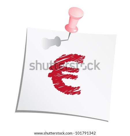 Hands draw symbols on paper note with push pin. Symbol Euro.