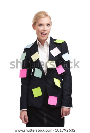 Tired businesswoman with sticky notes