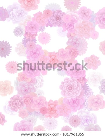 8 March vector background in 
gentle pastel colors. Happy Women's Day template design. Number 8 made from flower wreaths with blooming pink roses isolated on white.