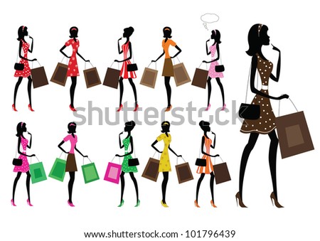 Silhouettes of women shopping. Vintage style.