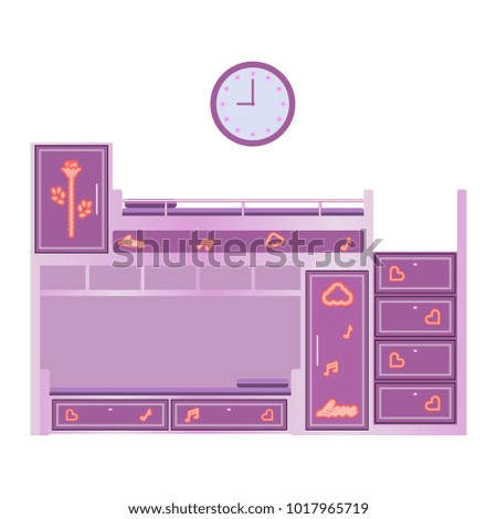 Vector image of a children bunk bed for girls in pink colors with a wall clock. Flat.