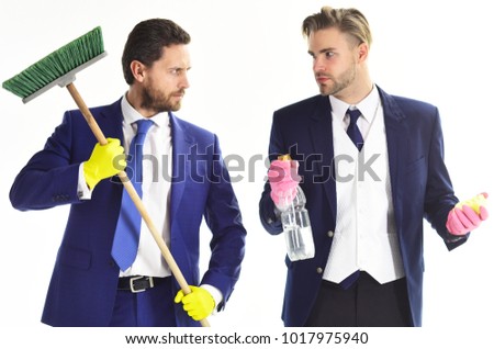 Money laundry, dirty money. Busy people with beards and mop. Men in formal suits with serious faces and sweep. Manager and analyst hold cleaning supplies. Cleaning service, teamwork concept.
