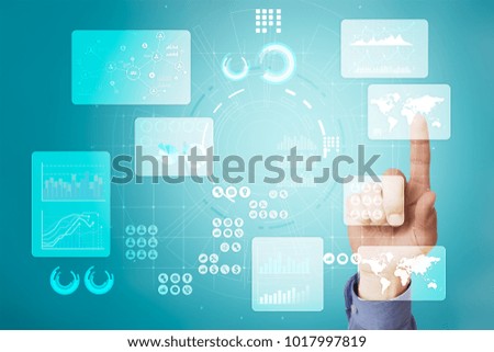 Virtual touch screen. Project management. Data analysis. Hitech technology solutions for business. Development. Icons and graphs background.  Internet and technology.