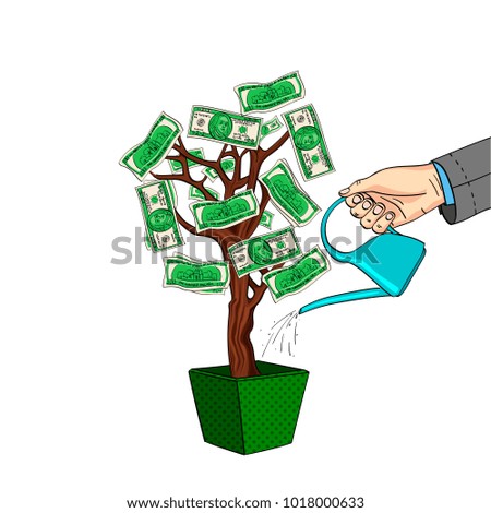 Object on white background vector illustration. A man's hand pours a money tree with green dollars. Watering can with water.
