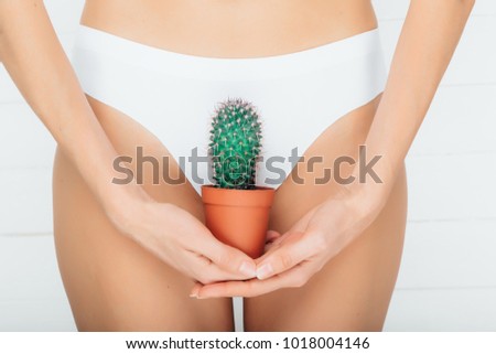 woman holding a cactus on a background of white panties, close-up, depilation of a bikini zone