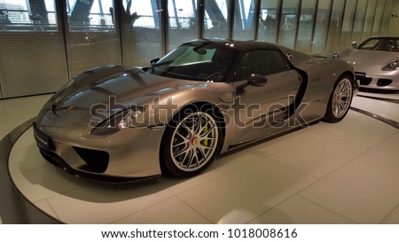 Stuttgart, Germany - January 24, 2018 - Porsche 918 Spyder (2014) at the Porsche Museum in Stuttgart Royalty-Free Stock Photo #1018008616