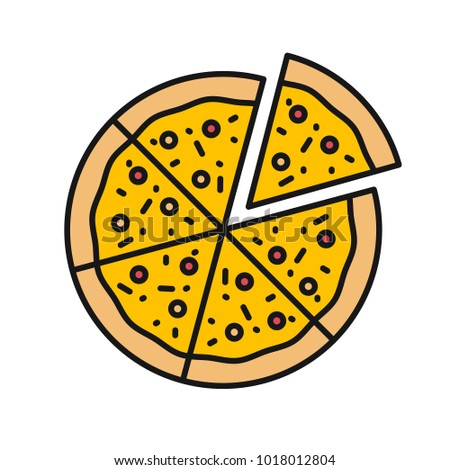 Pizza with one slice separated color icon. Isolated vector illustration