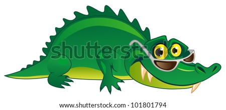 cartoon funny green crocodile alligator in sun glasses lying on the ground and smiling. Cool for t-shirt design.