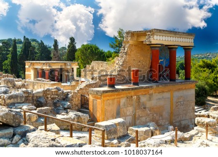 Knossos palace at Crete. Knossos Palace ruins. Heraklion, Crete, Greece. Detail of ancient ruins of famous Minoan palace of Knossos. Royalty-Free Stock Photo #1018037164