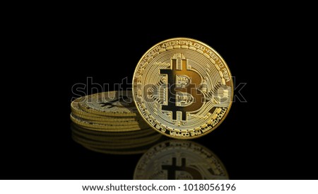 Bitcoin coins - golden Bitcoin coins on black mirror surface - 3d render