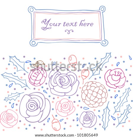 Stylish floral background, hand drawn retro flowers and bird