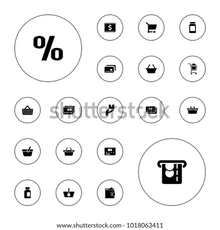 Editable vector commerce icons: credit card, shopping basket, medical bottle, shopping cart, shopping bag, wallet, atm money withdraw, dollar card on white background.