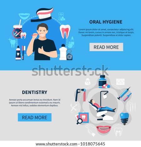 Dental horizontal banners with oral hygiene and dentistry decorative icons set flat vector illustration 