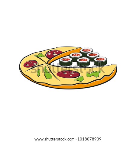 Pizza and sushi cartoon illustration. Fast food template for the business card, branding and corporate identity.