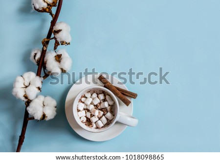 cup of coffee with marshmallows in a white cup on a white plate with cinnamon sticks with a branch with cotton buds on a light deep background top view