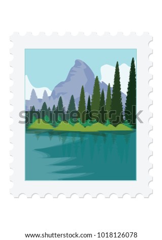 Postage stamp - Nature - Mountains, river, forest - isolated on white background - vector art illustration.