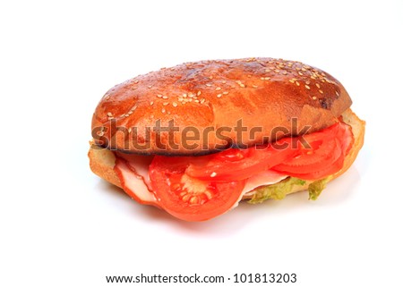 An image of a tasty hamburger with tomatoes