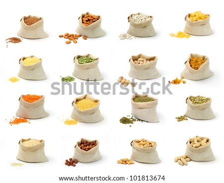 Set of pictures on cereal and nuts in sacks on white background.