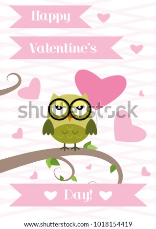 Happy Valentine's Day. Greeting card in flat style. Cute owl sitting on a tree. Vector Illustration. 