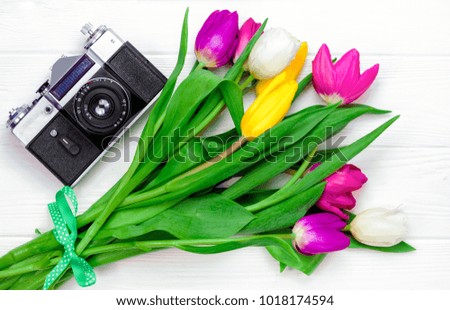  flowers and camera on a white background